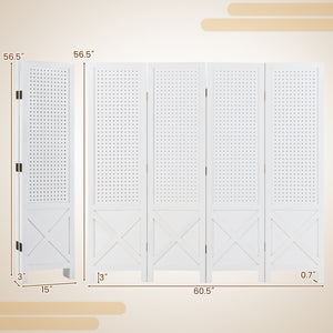 4-Panel Pegboard Display Stand Folding Room Divider with Solid Wood Frame-White