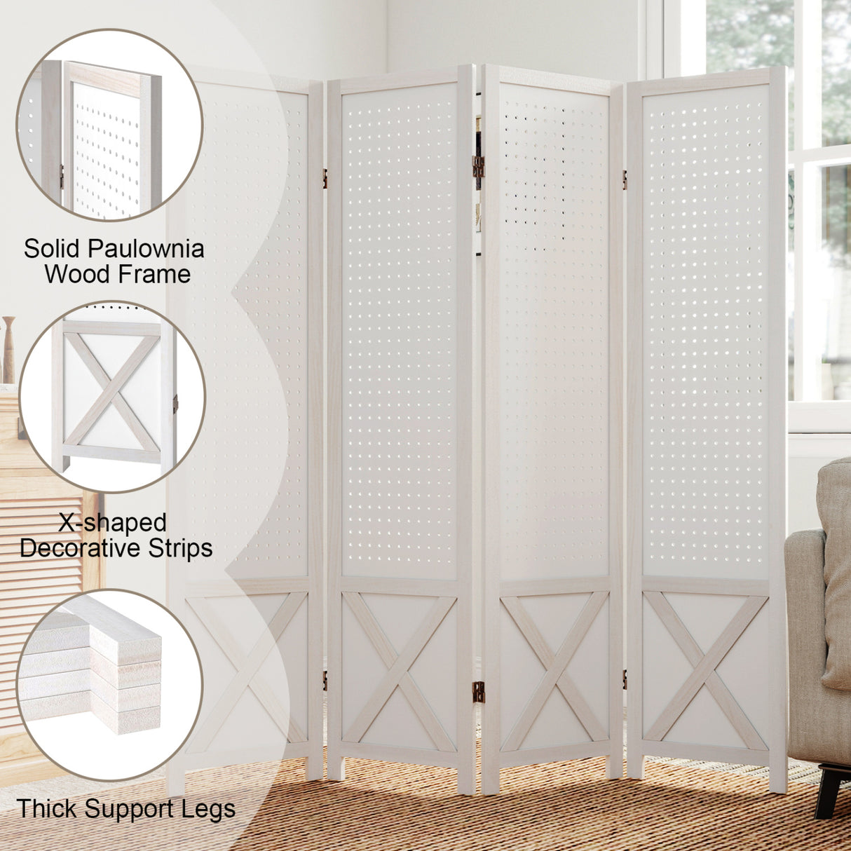 4-Panel Pegboard Room Divider 67 Inches Tall Foldable Privacy Screen