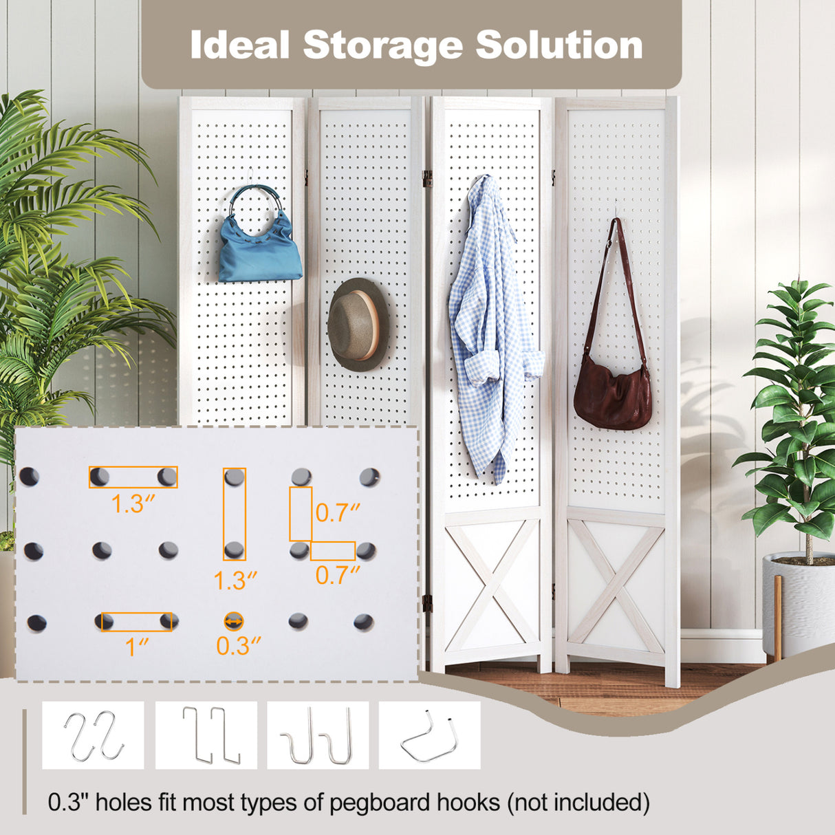 4-Panel Pegboard Room Divider 67 Inches Tall Foldable Privacy Screen