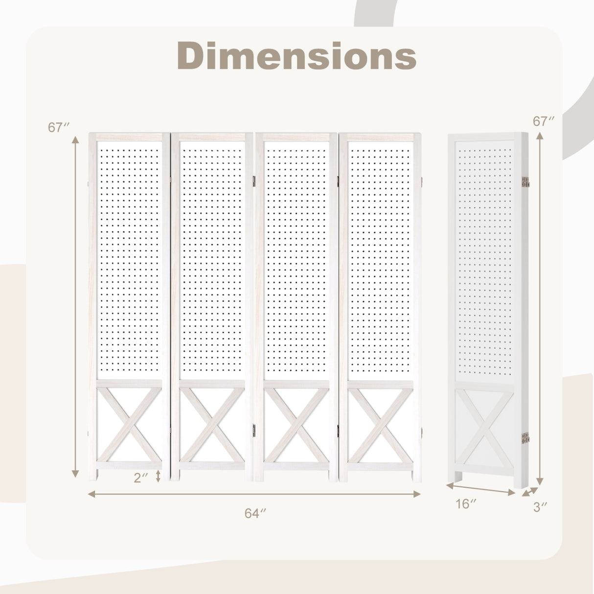 4-Panel Pegboard Room Divider 67 Inches Tall Foldable Privacy Screen