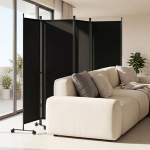 4-Panel Room Divider with Lockable Wheels for Living Room-Black