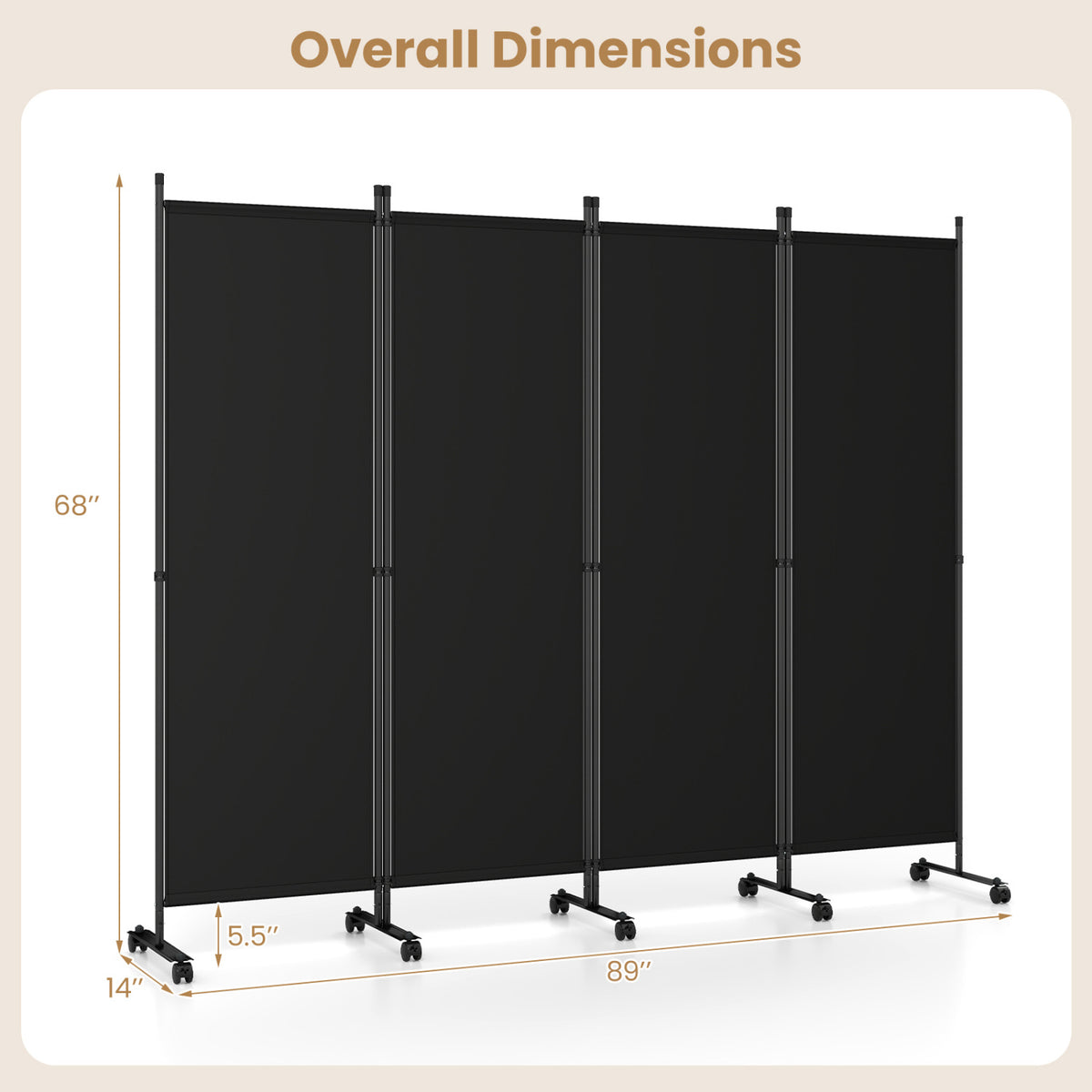 4-Panel Room Divider with Lockable Wheels for Living Room-Black