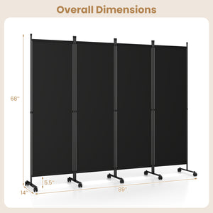 4-Panel Room Divider with Lockable Wheels for Living Room-Black