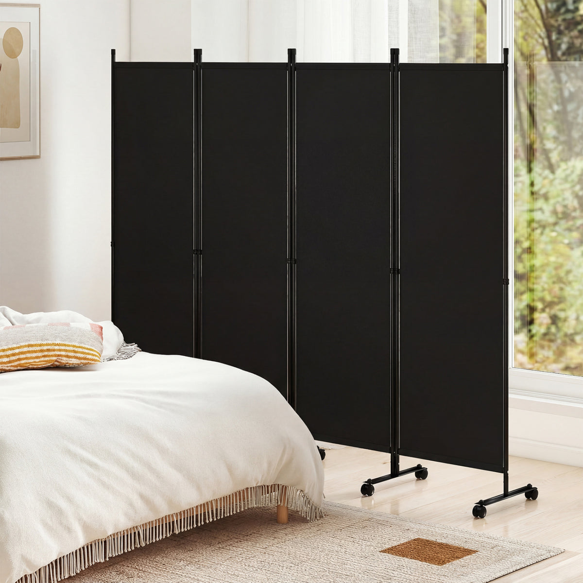 4-Panel Room Divider with Lockable Wheels for Living Room-Black