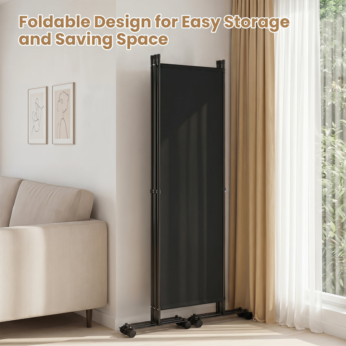 4-Panel Room Divider with Lockable Wheels for Living Room-Black
