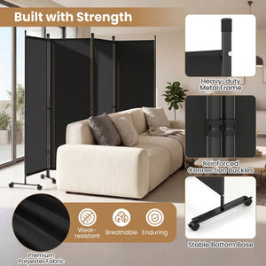 4-Panel Room Divider with Lockable Wheels for Living Room-Black