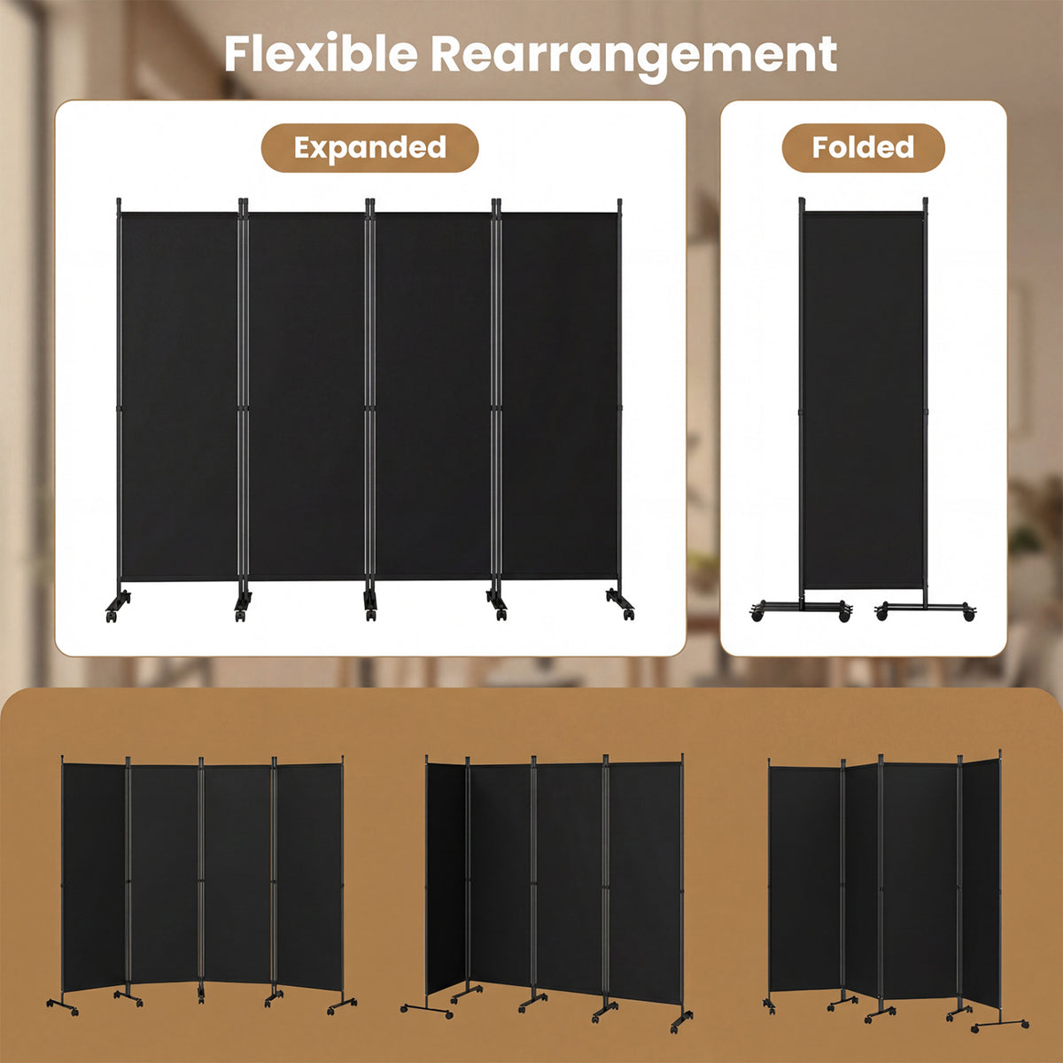 4-Panel Room Divider with Lockable Wheels for Living Room-Black