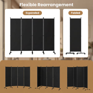 4-Panel Room Divider with Lockable Wheels for Living Room-Black