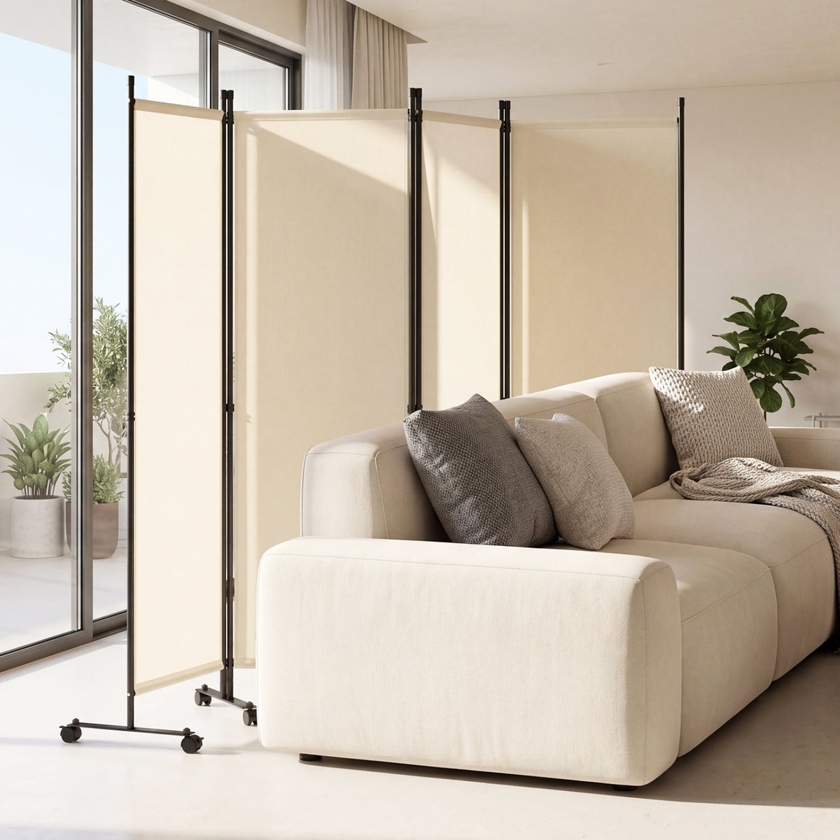 4-Panel Room Divider with Lockable Wheels for Living Room-Beige