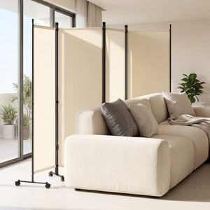 4-Panel Room Divider with Lockable Wheels for Living Room-Beige