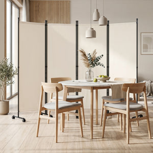 4-Panel Room Divider with Lockable Wheels for Living Room-Beige