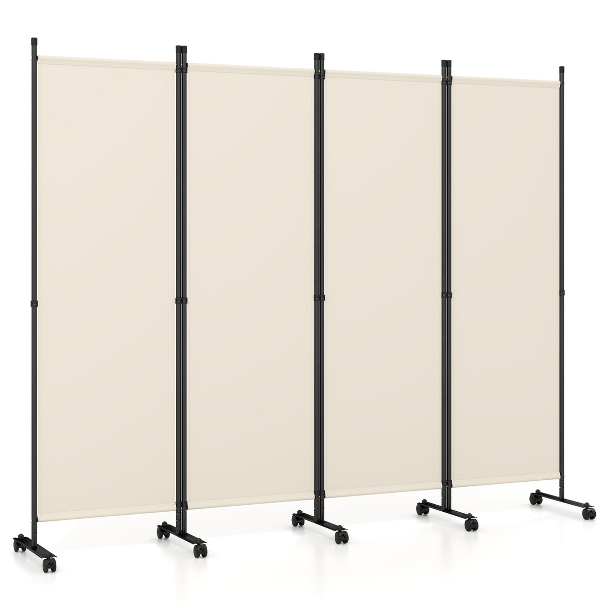 4-Panel Room Divider with Lockable Wheels for Living Room-Beige