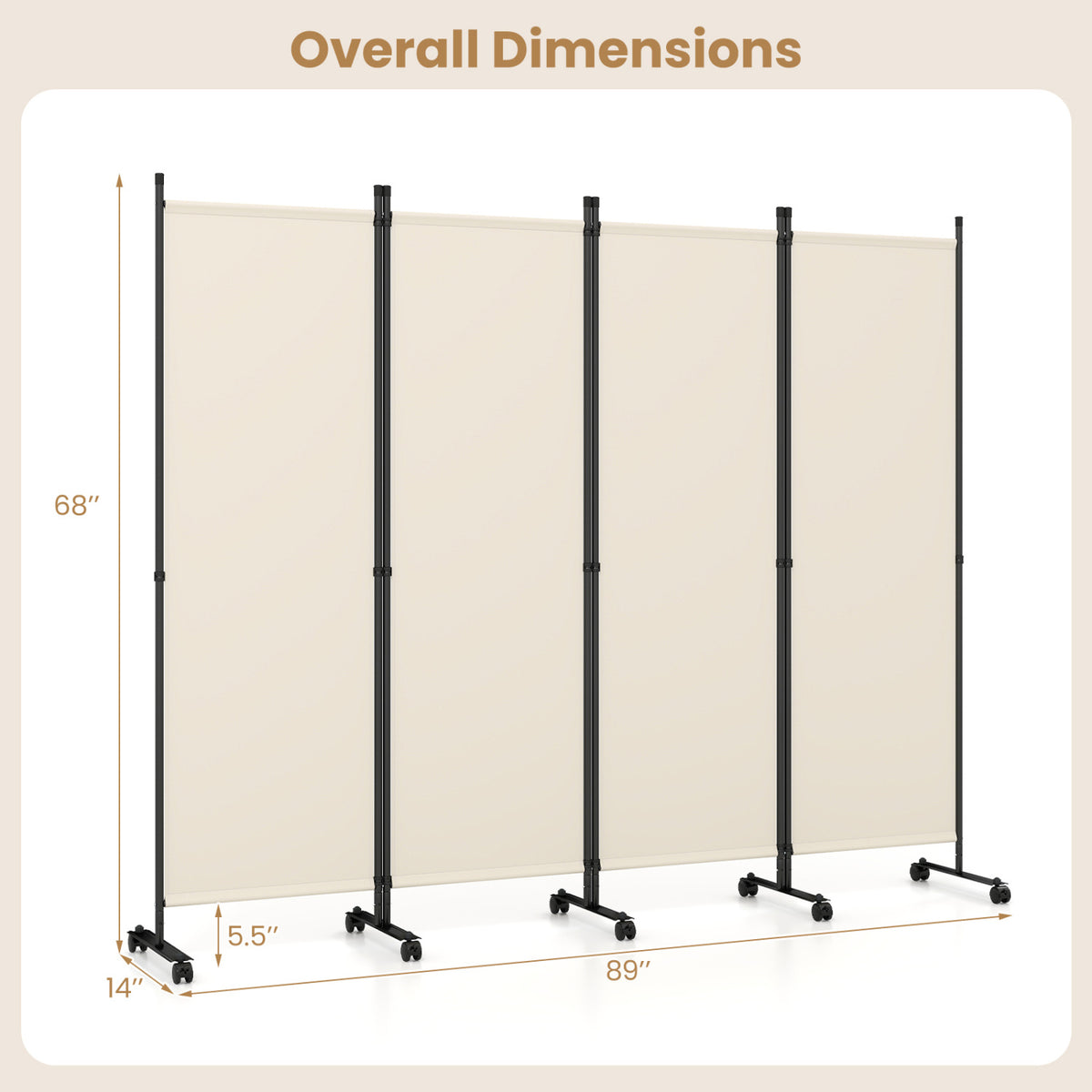 4-Panel Room Divider with Lockable Wheels for Living Room-Beige