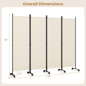 4-Panel Room Divider with Lockable Wheels for Living Room-Beige