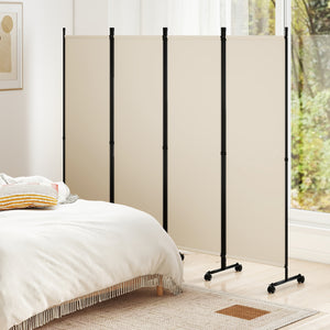 4-Panel Room Divider with Lockable Wheels for Living Room-Beige