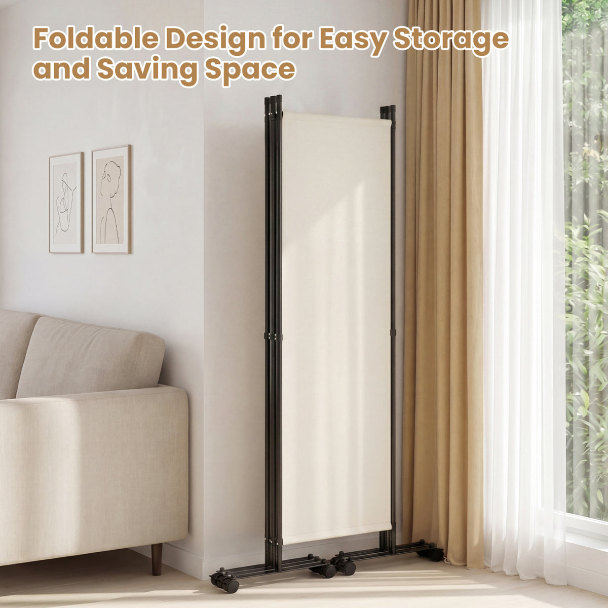 4-Panel Room Divider with Lockable Wheels for Living Room-Beige