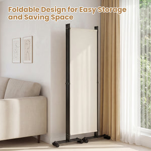 4-Panel Room Divider with Lockable Wheels for Living Room-Beige