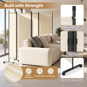 4-Panel Room Divider with Lockable Wheels for Living Room-Beige