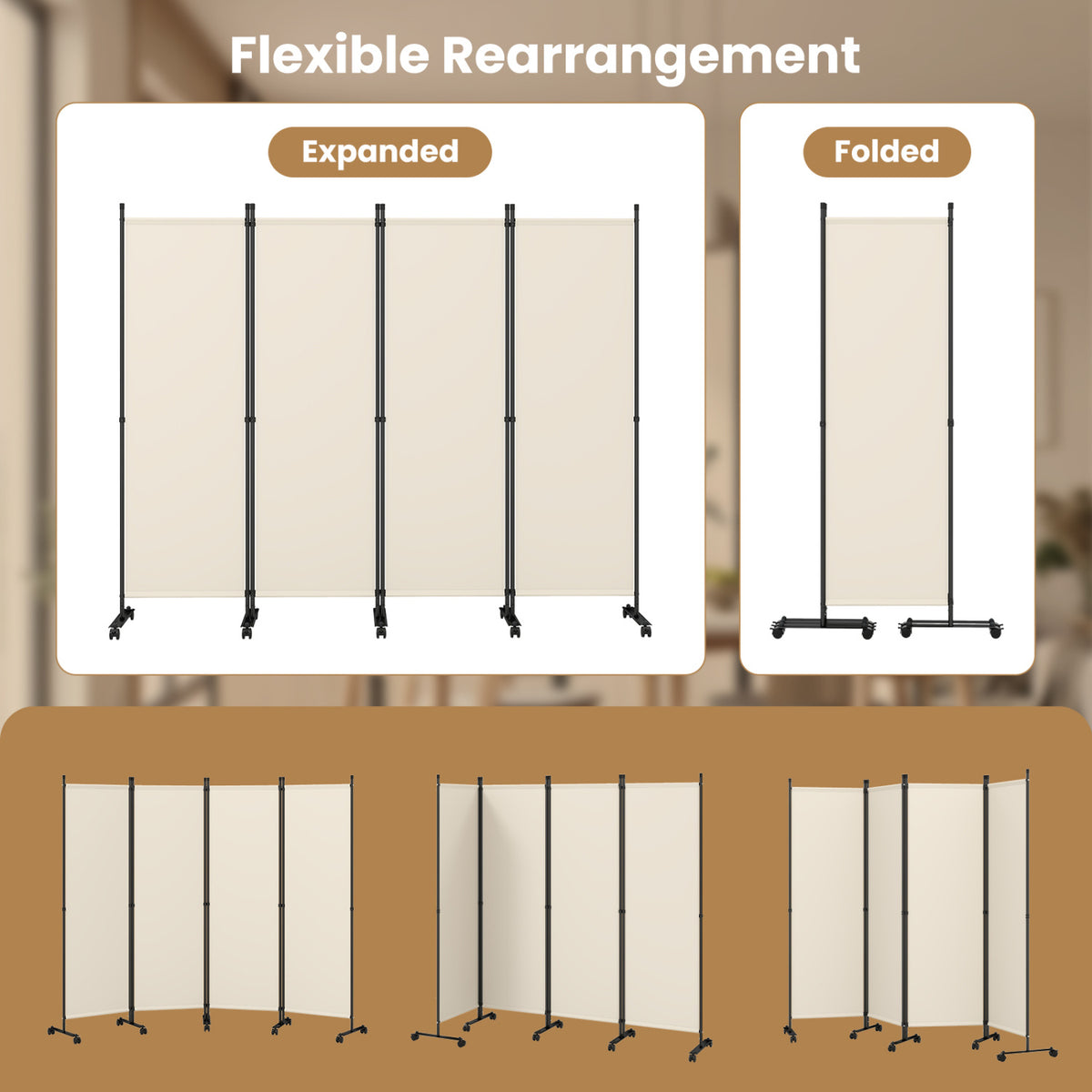 4-Panel Room Divider with Lockable Wheels for Living Room-Beige