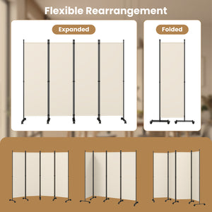 4-Panel Room Divider with Lockable Wheels for Living Room-Beige