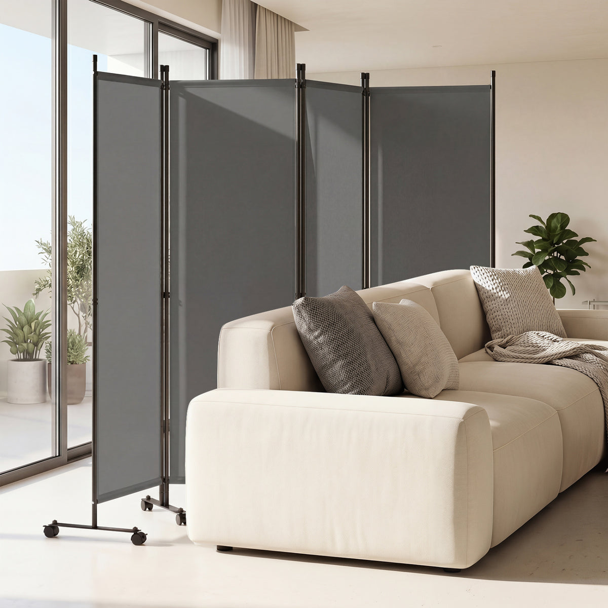 4-Panel Room Divider with Lockable Wheels for Living Room-Gray