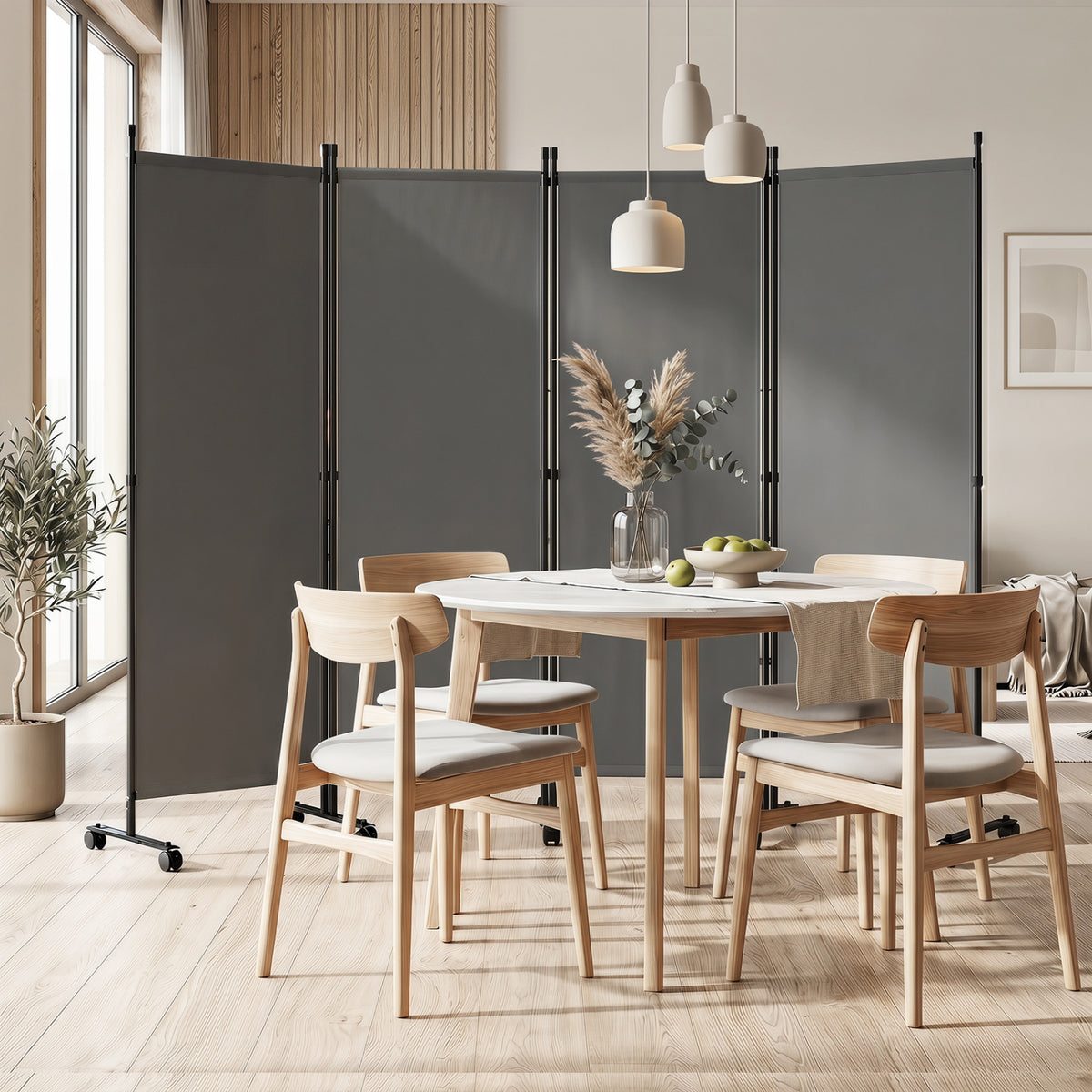 4-Panel Room Divider with Lockable Wheels for Living Room-Gray
