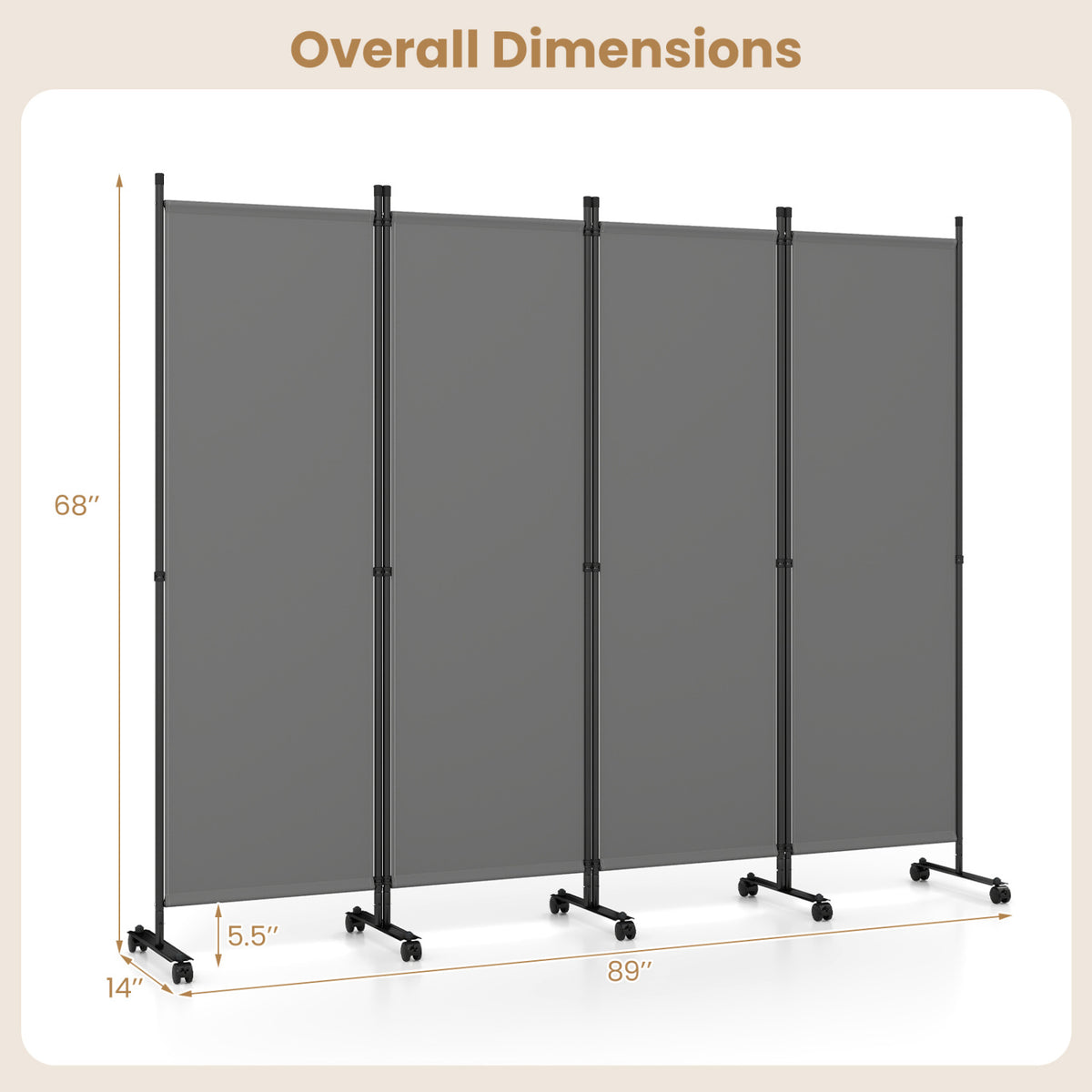 4-Panel Room Divider with Lockable Wheels for Living Room-Gray