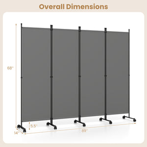 4-Panel Room Divider with Lockable Wheels for Living Room-Gray