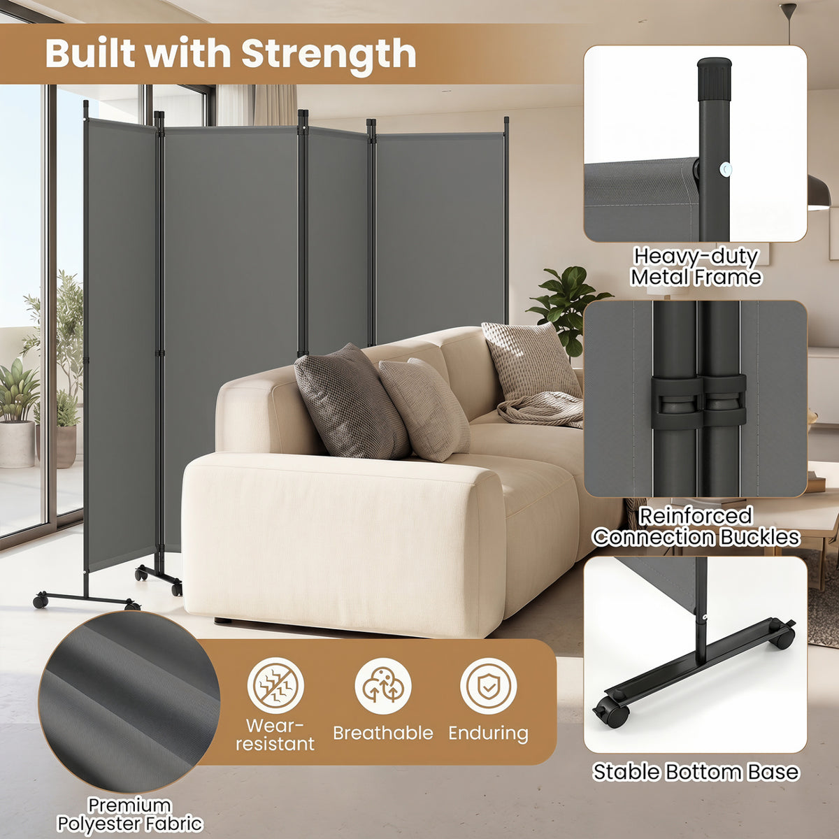 4-Panel Room Divider with Lockable Wheels for Living Room-Gray