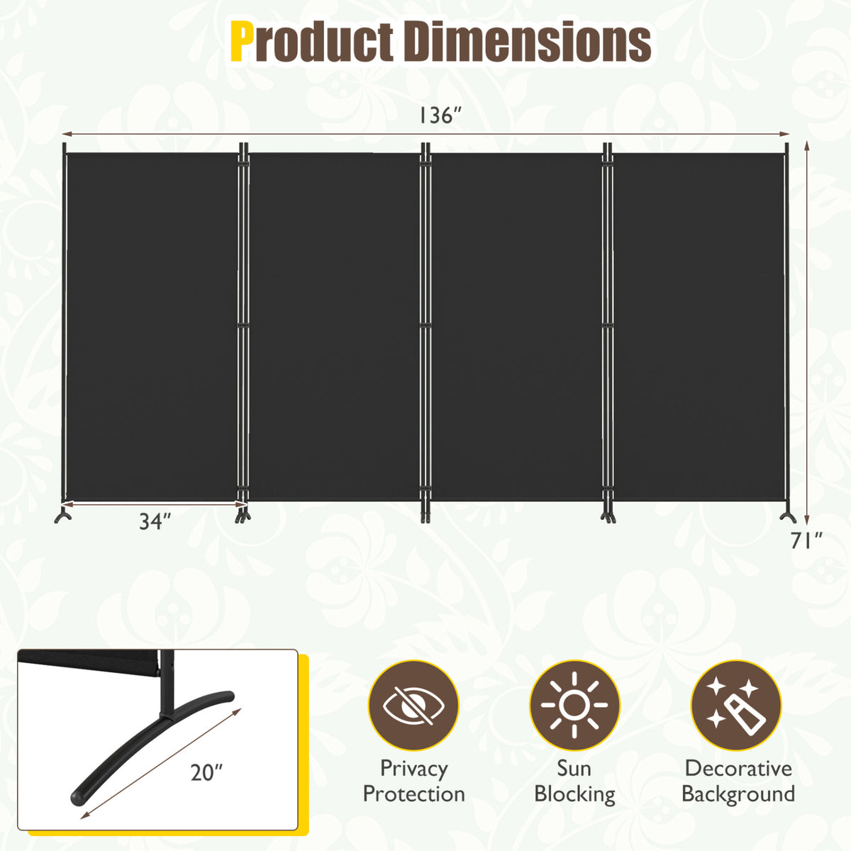 4 Panel Room Divider 6 FT Tall Folding Privacy Screen with Curved Metal Feet-Black