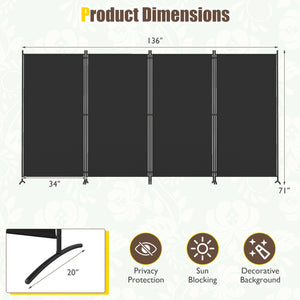 4 Panel Room Divider 6 FT Tall Folding Privacy Screen with Curved Metal Feet-Black