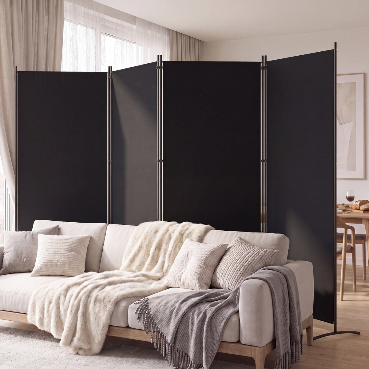 4 Panel Room Divider 6 FT Tall Folding Privacy Screen with Curved Metal Feet-Black