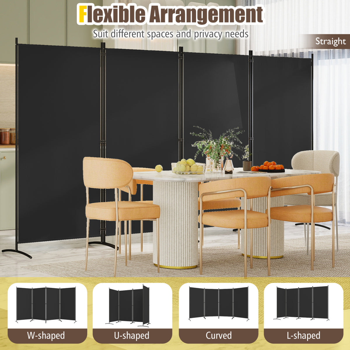 4 Panel Room Divider 6 FT Tall Folding Privacy Screen with Curved Metal Feet-Black