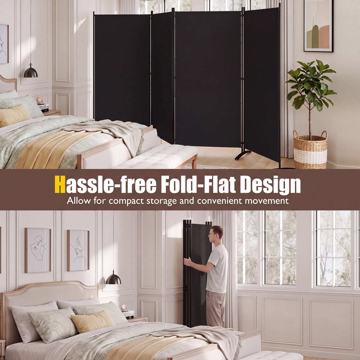 4 Panel Room Divider 6 FT Tall Folding Privacy Screen with Curved Metal Feet-Black