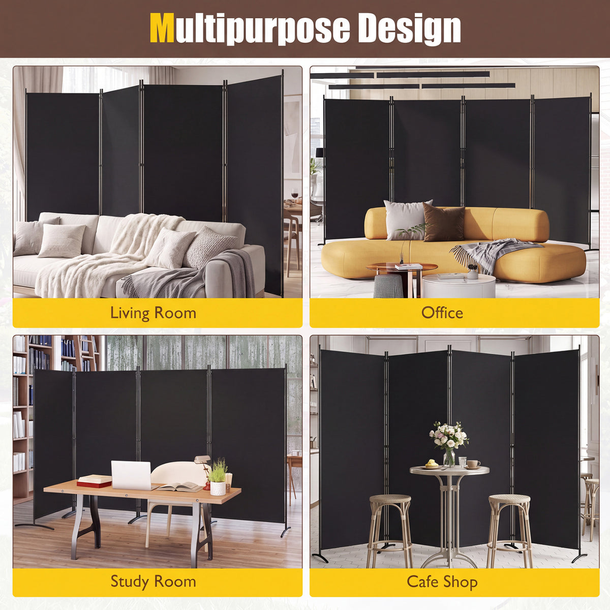 4 Panel Room Divider 6 FT Tall Folding Privacy Screen with Curved Metal Feet-Black