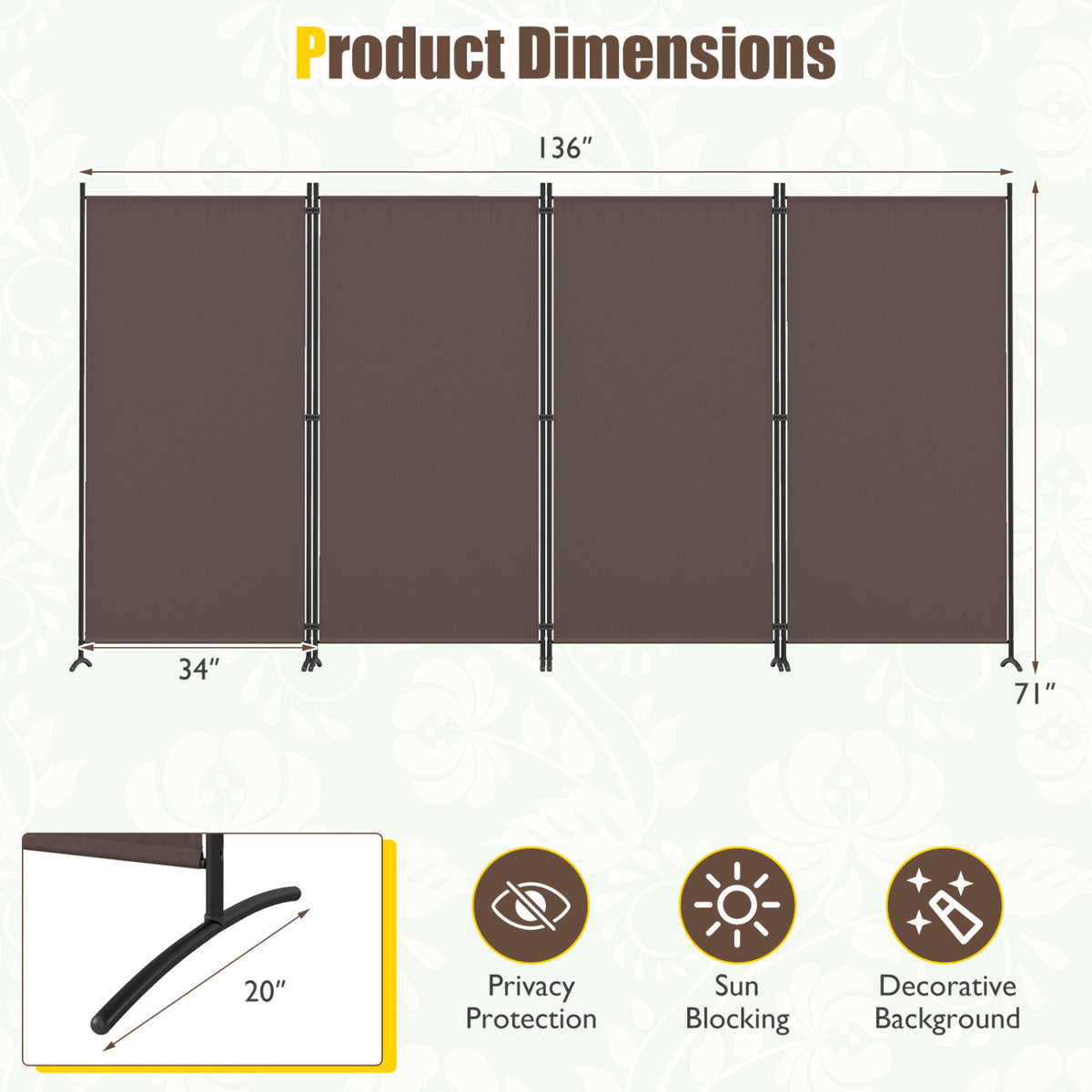 4 Panel Room Divider 6 FT Tall Folding Privacy Screen with Curved Metal Feet-Brown