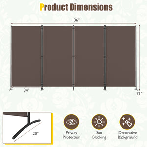 4 Panel Room Divider 6 FT Tall Folding Privacy Screen with Curved Metal Feet-Brown