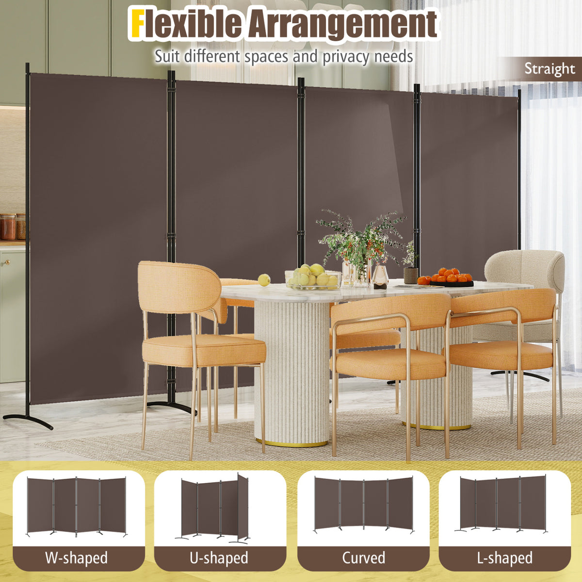 4 Panel Room Divider 6 FT Tall Folding Privacy Screen with Curved Metal Feet-Brown