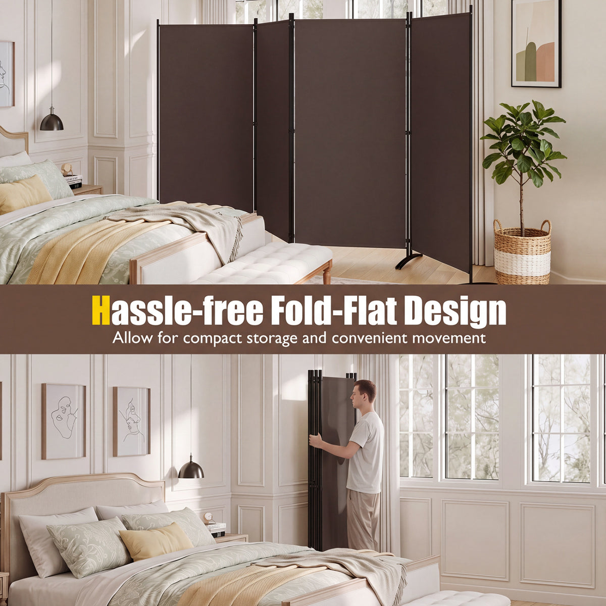 4 Panel Room Divider 6 FT Tall Folding Privacy Screen with Curved Metal Feet-Brown