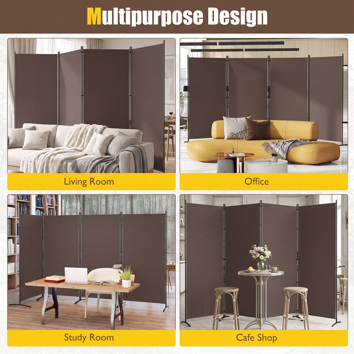 4 Panel Room Divider 6 FT Tall Folding Privacy Screen with Curved Metal Feet-Brown