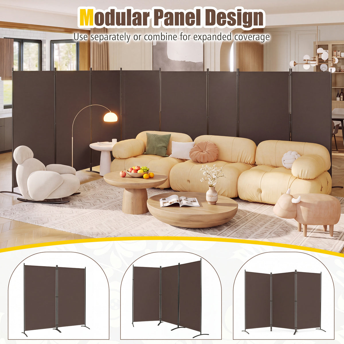 4 Panel Room Divider 6 FT Tall Folding Privacy Screen with Curved Metal Feet-Brown