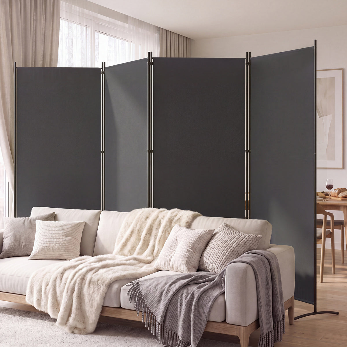 4 Panel Room Divider 6 FT Tall Folding Privacy Screen with Curved Metal Feet-Gray