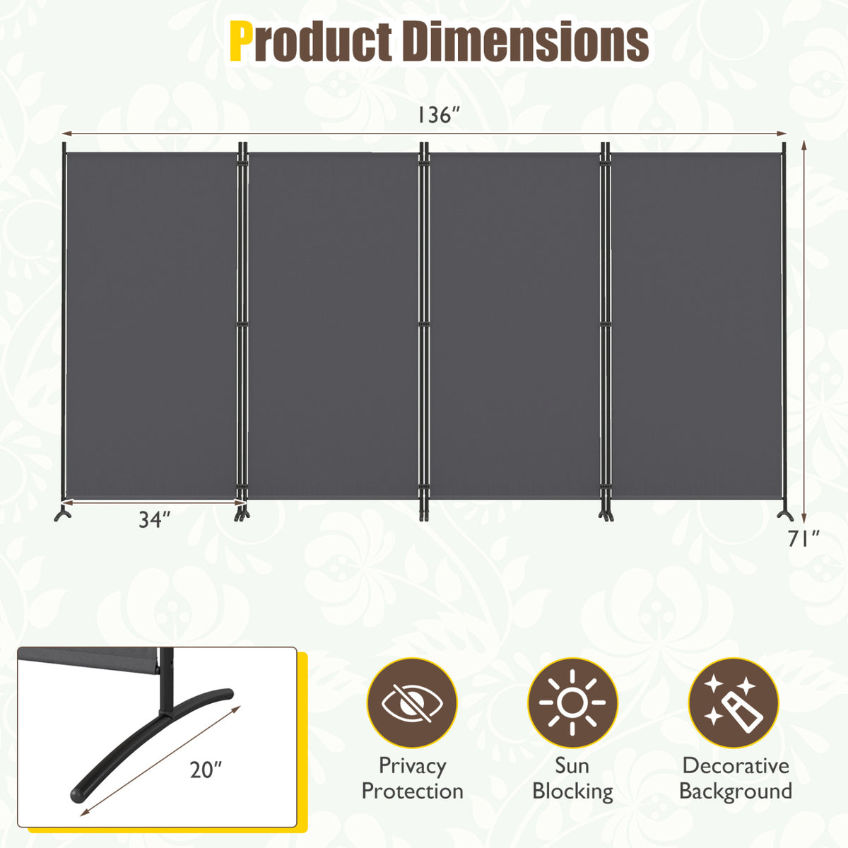 4 Panel Room Divider 6 FT Tall Folding Privacy Screen with Curved Metal Feet-Gray