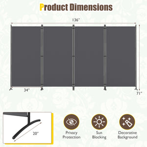 4 Panel Room Divider 6 FT Tall Folding Privacy Screen with Curved Metal Feet-Gray