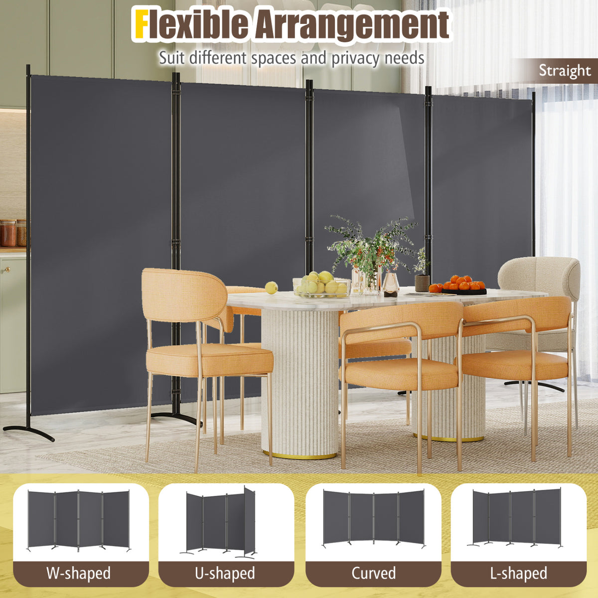 4 Panel Room Divider 6 FT Tall Folding Privacy Screen with Curved Metal Feet-Gray