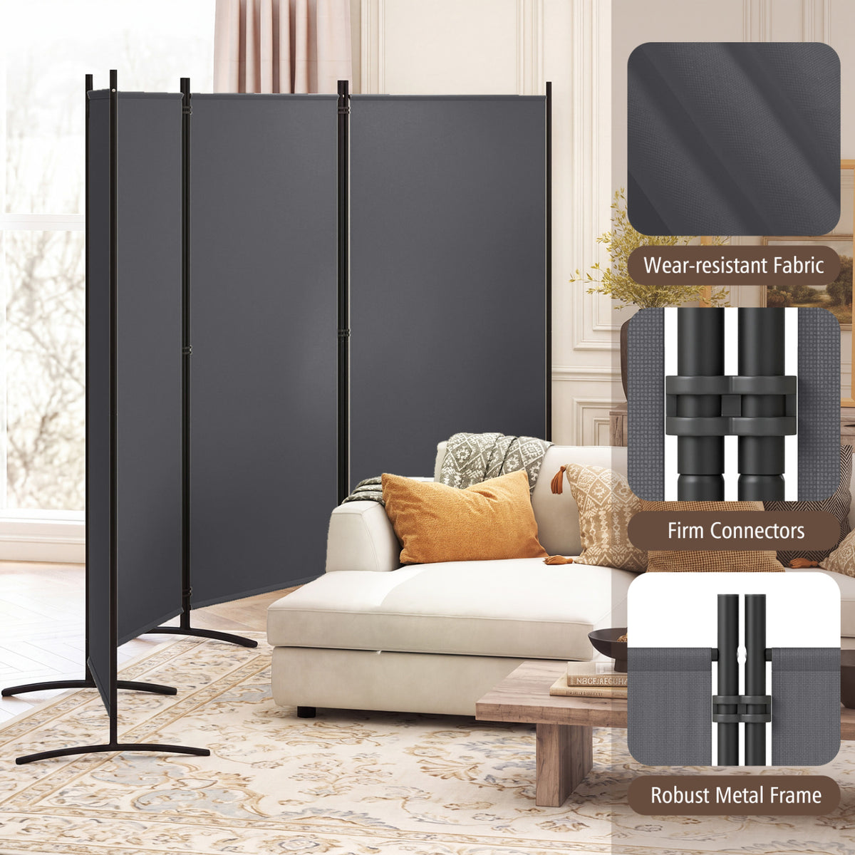 4 Panel Room Divider 6 FT Tall Folding Privacy Screen with Curved Metal Feet-Gray