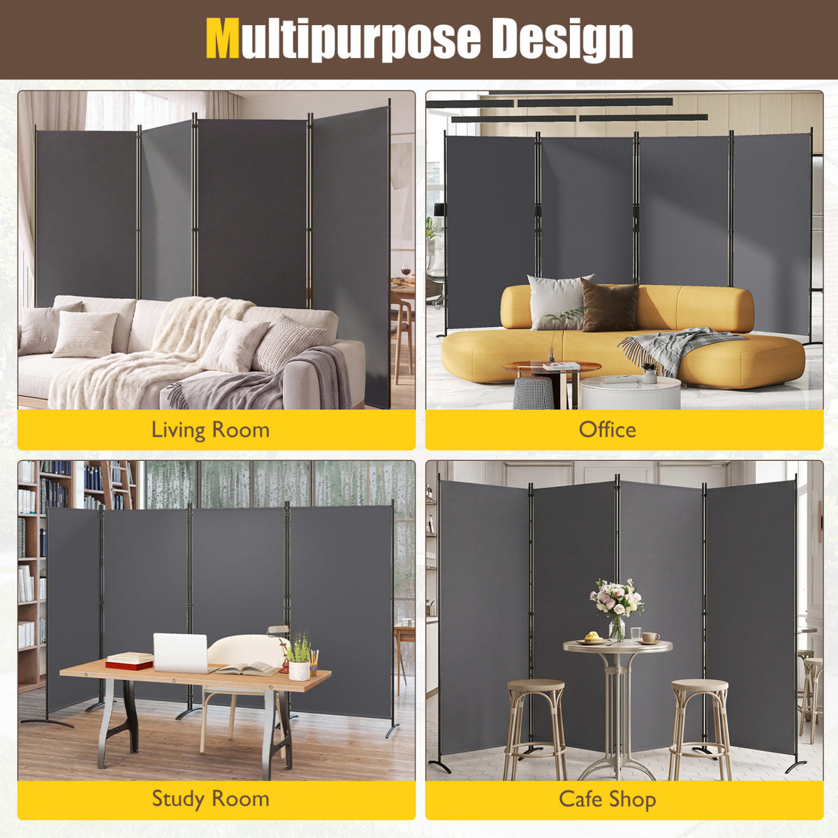 4 Panel Room Divider 6 FT Tall Folding Privacy Screen with Curved Metal Feet-Gray