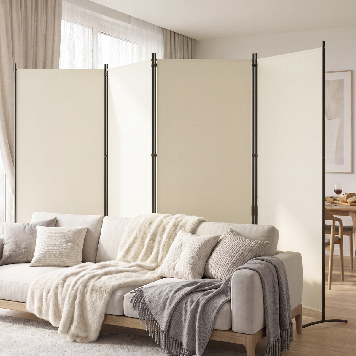4 Panel Room Divider 6 FT Tall Folding Privacy Screen with Curved Metal Feet-White