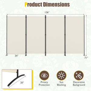 4 Panel Room Divider 6 FT Tall Folding Privacy Screen with Curved Metal Feet-White
