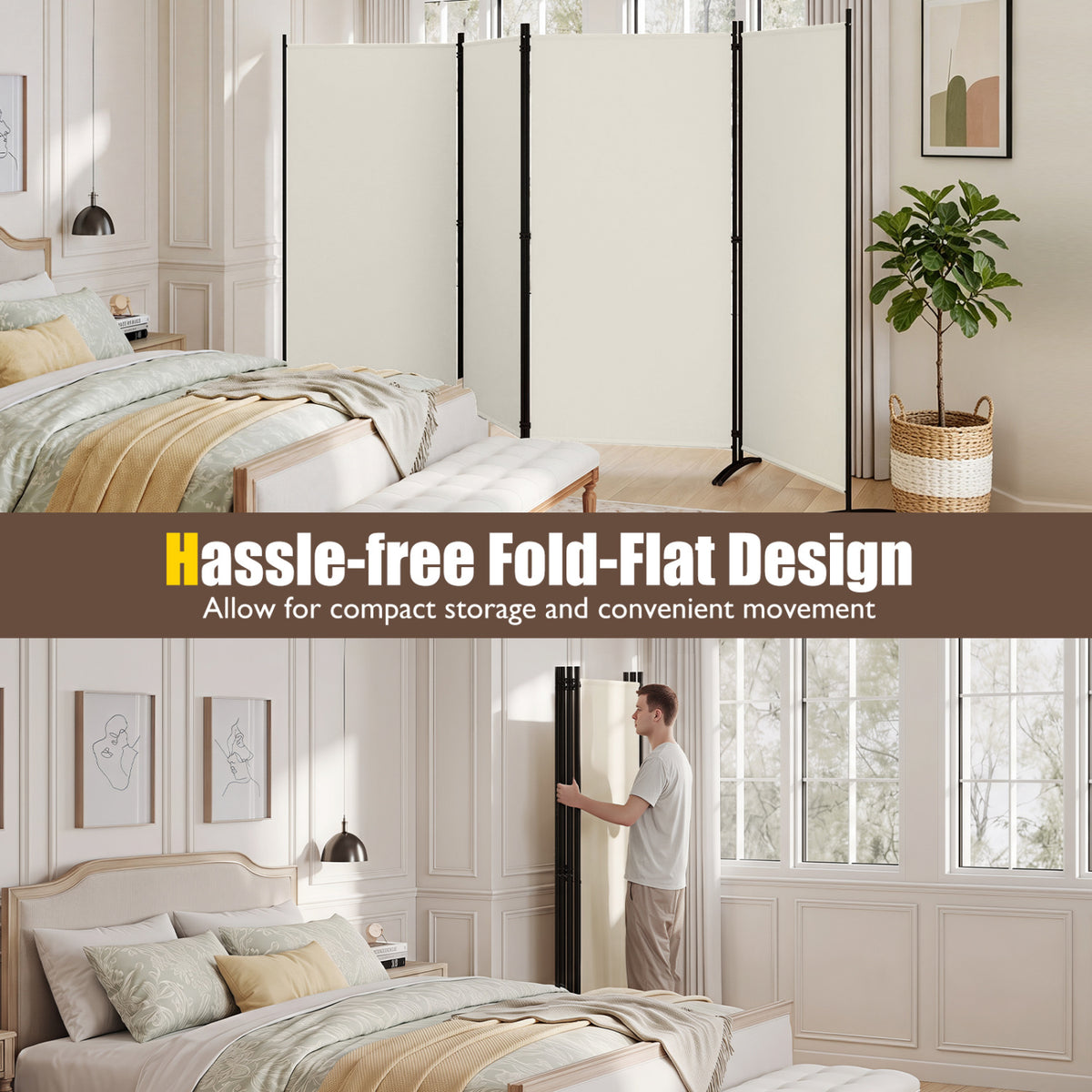 4 Panel Room Divider 6 FT Tall Folding Privacy Screen with Curved Metal Feet-White